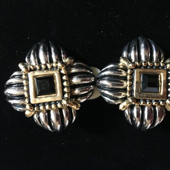Vintage Retro 80's Designer Clip-On Earrings Silver Gold Gemstone Women's Chunky - Picture 7 of 12